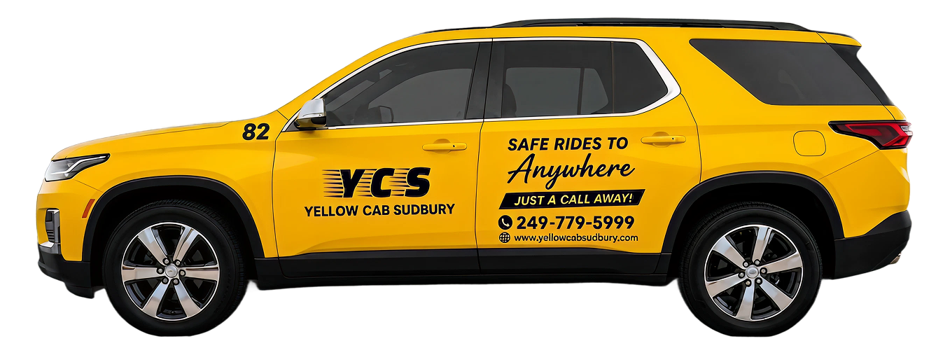 Bright yellow cab with contact info